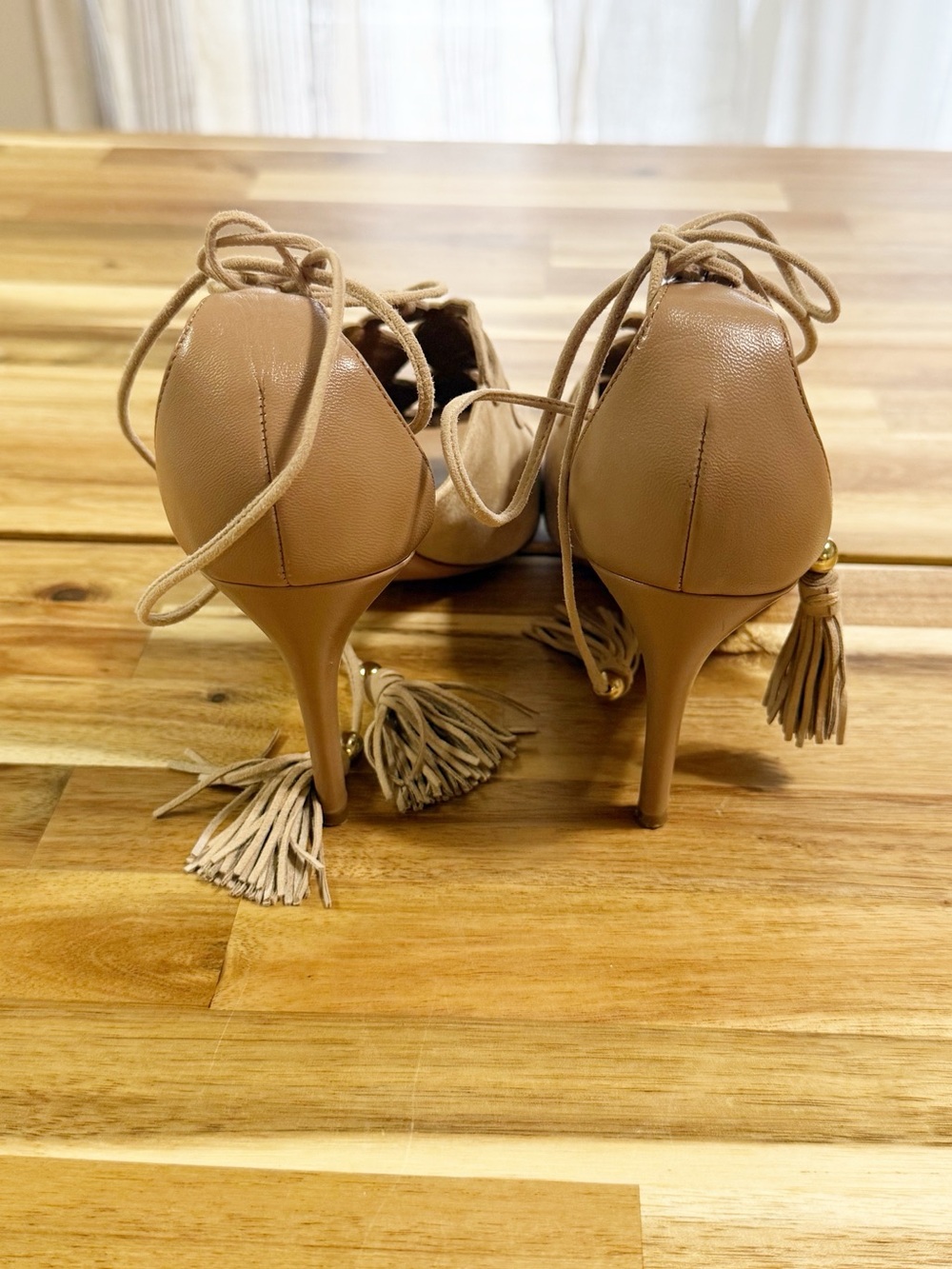 Aquazzura Get Me Everywhere Suede Tassel Cutout Tan Nude 105 Heels Size 39 - Picture 7 of 11